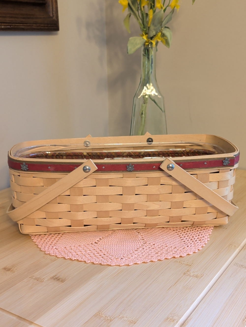 Longaberger Natural Woven Basket with Red Trim and Dual Handles